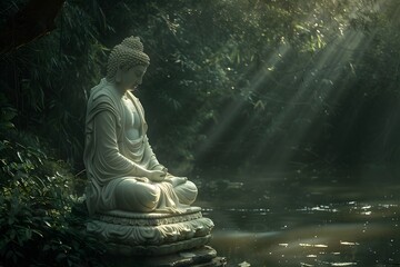 Serene Buddha statue amidst lush greenery with rays of sunlight streaming through the canopy.