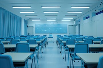 large white classroom with blue chairs and desks. One wall showed an LED screen displaying data on the course