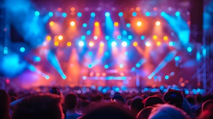 Obraz premium Vibrant Outdoor Music Festival with Blurred Stage and Crowd in the Background