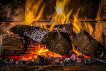 Close-up of a roaring fire with burning logs and vibrant flames, creating a cozy atmosphere