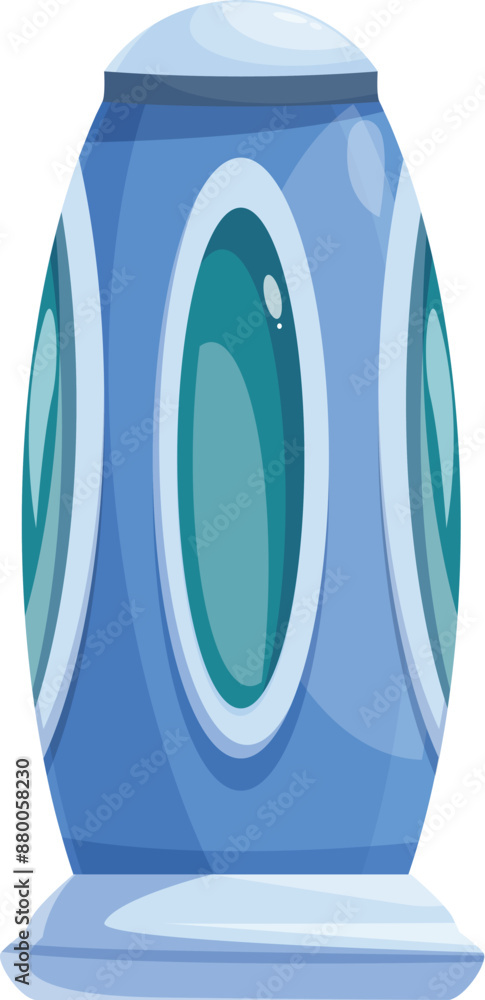 Aufkleber futuristic blue spaceship with round windows is standing on a launchpad