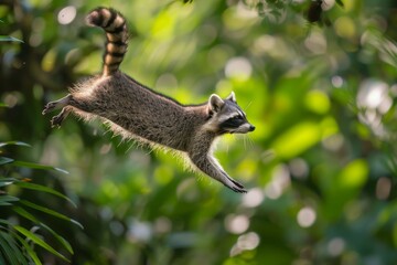 Obraz premium Full body view of Cozumel Raccoon jumping from the tree in natural habitat,full body View
