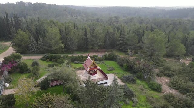 Aerial Panning Shot Of Famous Buddhist Temple , Ben Shemen Forest, Israel