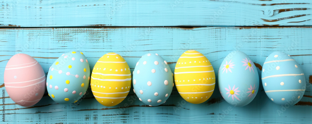 Aufkleber a row of painted easter eggs on a wooden surface. the eggs are painted in different colors and patte