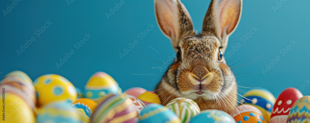 Poster a rabbit is looking at the camera while surrounded by a pile of easter eggs. the scene is playful an