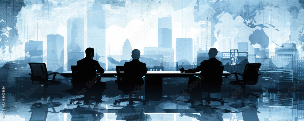 Poster a group of men are sitting at a table in a room with a city view in the background
