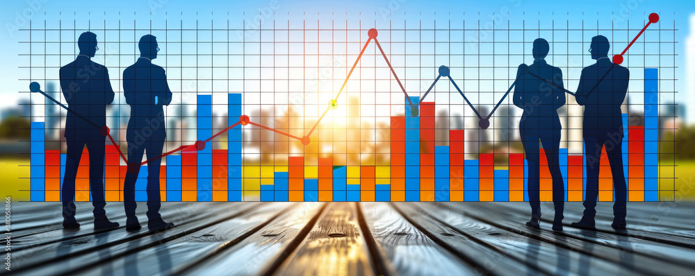 Poster a group of people are standing in front of a graph with a red line going down. the graph is showing 