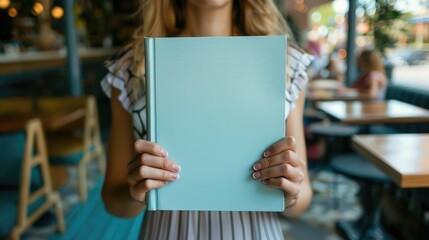 Woman holding light blue book with blank cover in cafe background