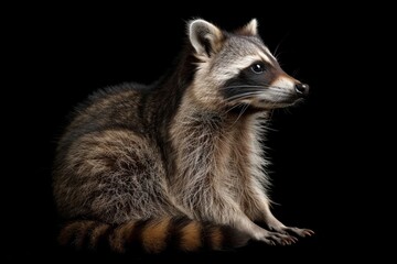 Obraz premium the beside view Common Raccoon, left side view, isolated on black background 