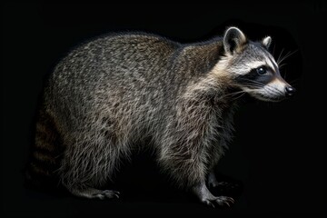 the beside view Cozumel Raccoon, left side view, isolated on black background
