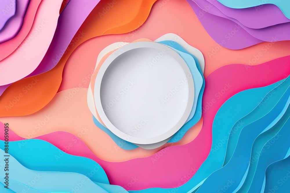Poster abstract background with colored shapes and an empty white circle for text,