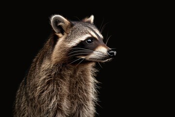 Fototapeta premium the beside view Crab-eating Raccoon, left side view, isolated on black background 