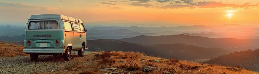 Vintage van traveling on a mountain road at sunset