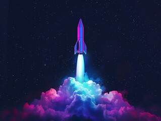 Fototapeta premium Rocket launching into space, kickoff moment, night sky filled with stars, hyperrealistic double exposure illustration