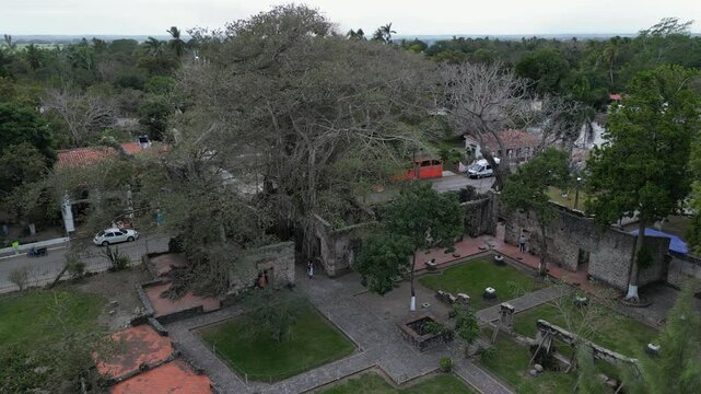 Low aerial orbits ruin of Hernan Cortes first house near Vera Cruz, MX
