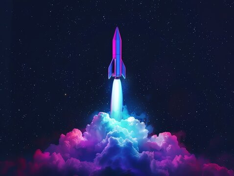 Rocket launching into space, kickoff moment, night sky filled with stars, hyperrealistic double exposure illustration