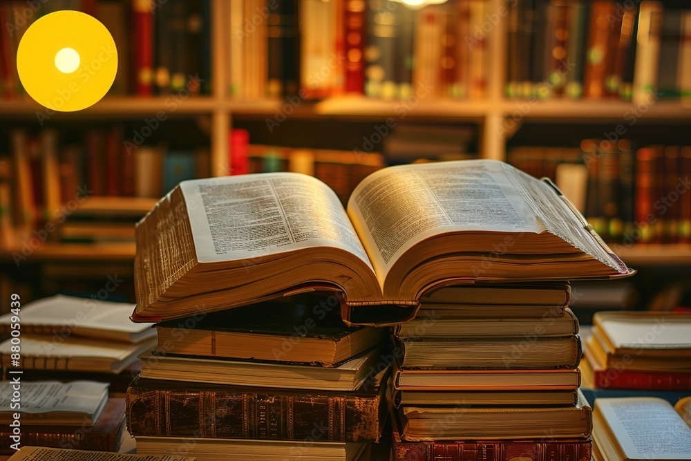 Aufkleber a book is open on a table with many other books stacked on top of it