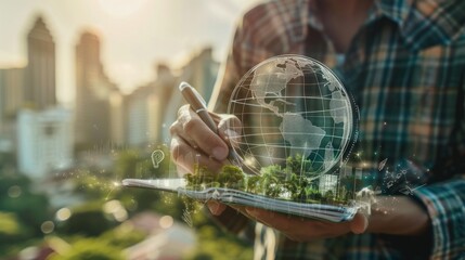 Obraz premium Businessman planning on environmental protection initiative for clean and sustainable future ecology, ESG environmental social governance display on paper chart on eco-friendly company