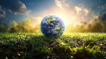 Earth Day background, with clear atmosphere, warm sunlight casting soft shadows on lush landscapes
