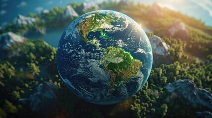 Earth Day background, with clear atmosphere, warm sunlight casting soft shadows on lush landscapes

