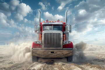 Powerful red truck driving through a dusty landscape under a dramatic cloudy sky, emphasizing strength, endurance, and the rugged journey of long-haul trucking