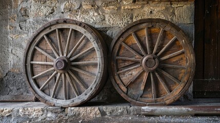 Two old wooden cartwheels leaning against a wall