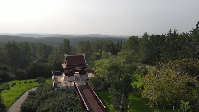 Aerial Panning Shot Of Famous Buddhist Temple , Ben Shemen Forest, Israel