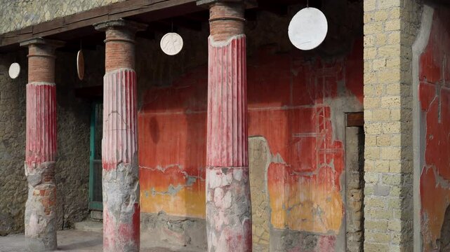 Ancient Roman columns of a villa at the ruins of Herculaneum near Mount Vesuvius in Italy.