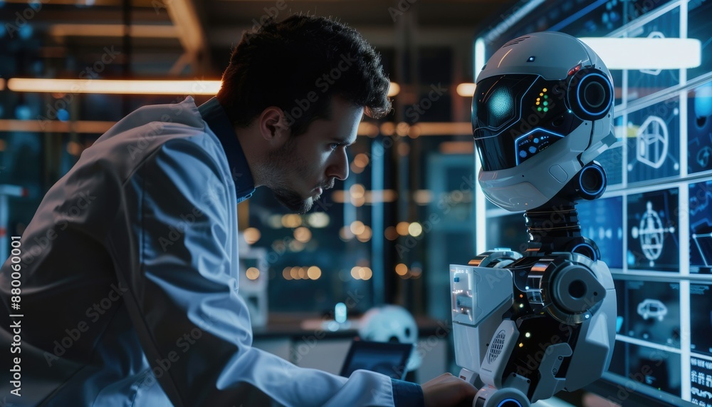 Aufkleber engineer examines robotic components with precision in futuristic lab, showcasing technological inno
