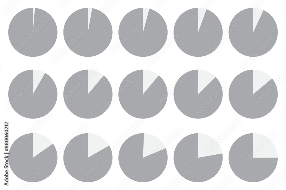 Poster set of gray pie charts with various segment sizes. simple vector icons for data representation. idea