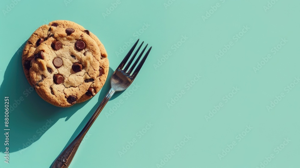 Poster creative chocolate chip cookie composition on mint background with fork vintage table setting with s