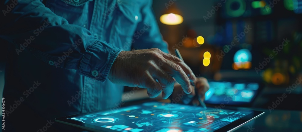 Poster hands using a digital tablet with futuristic holographic data displays, representing tech innovation