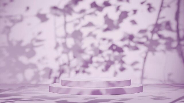Empty podium with shadows of leaves on a pink background. Elegant and romantic decor concept. Design for banner, poster, wallpaper,  Template with copy space. vertical
