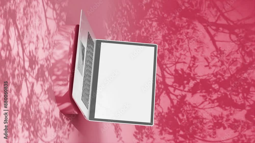 Poster laptop with blank screen on a red background with floral shadows. studio mockup with copy space. tec