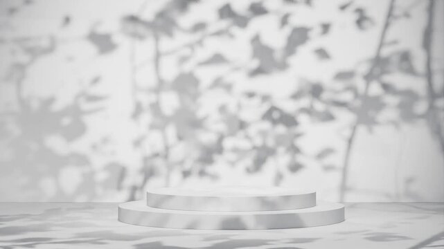 Empty podium with shadows of leaves on a white background. Elegant and romantic decor concept. Design for banner, poster, wallpaper,  Template with copy space. vertical