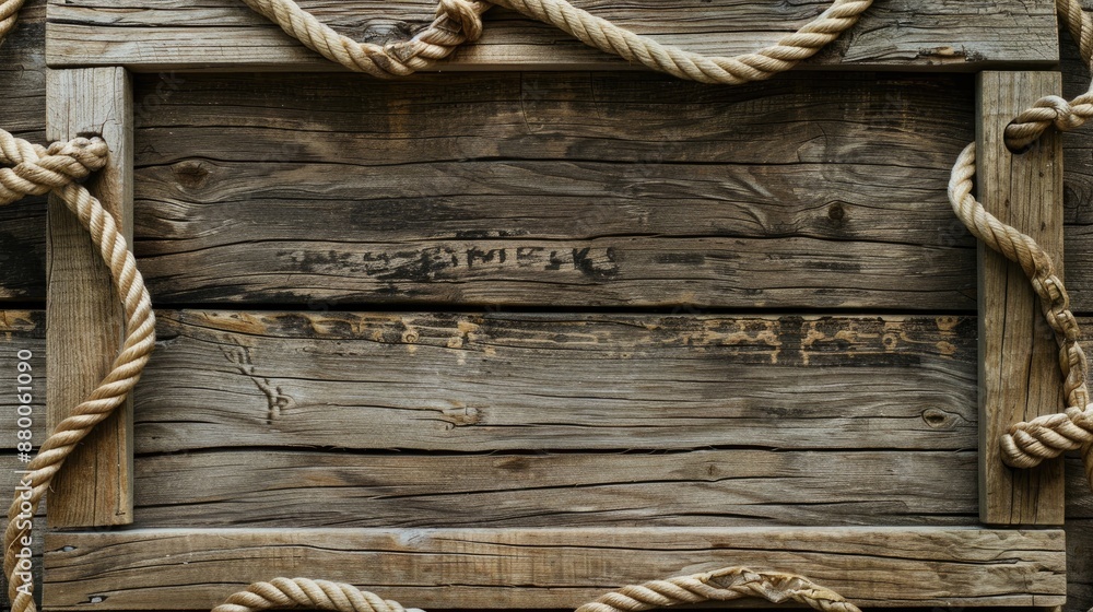 Poster empty space for text surrounded by wooden frame and rope