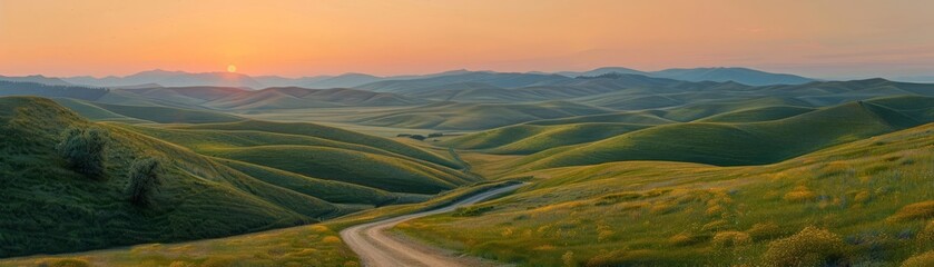 Obraz premium Winding road through green hills at sunset