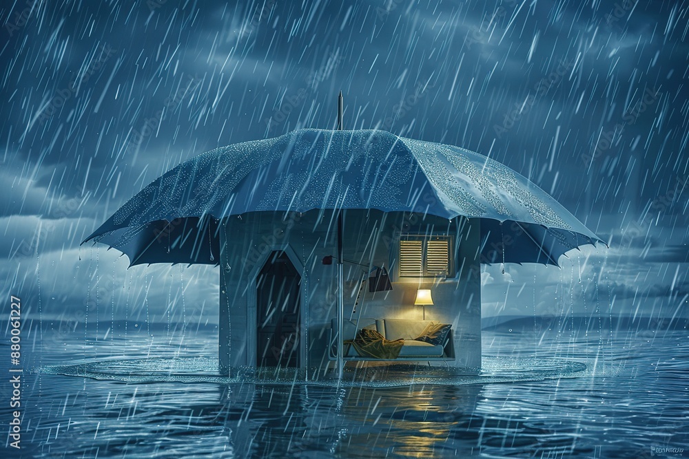 Poster 3d render of an umbrella with the shape and design of a home in it, sitting on top of water that is 