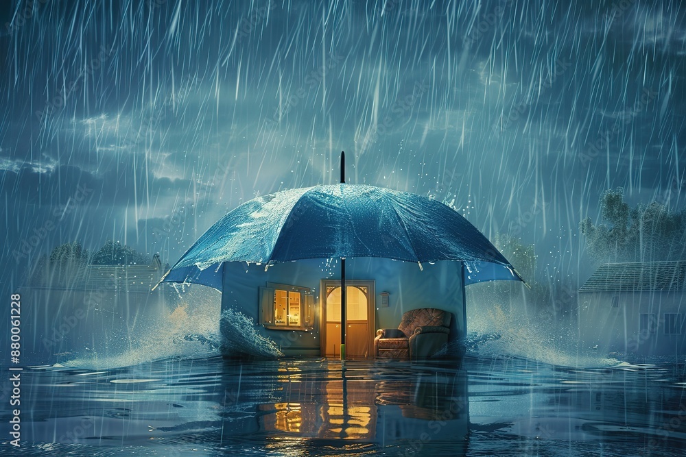 Poster 3d render of an umbrella with the shape and design of a home in it, sitting on top of water that is 