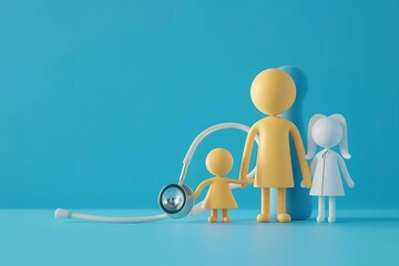 Fototapeta premium 3d render of family health care concept with paper cutout figures and stethoscope on light blue background