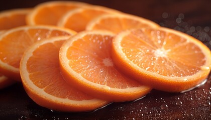 Photo-realistic stock image of fresh orange slices with glistening water droplets. Ideal for food and beverage marketing and health themes.