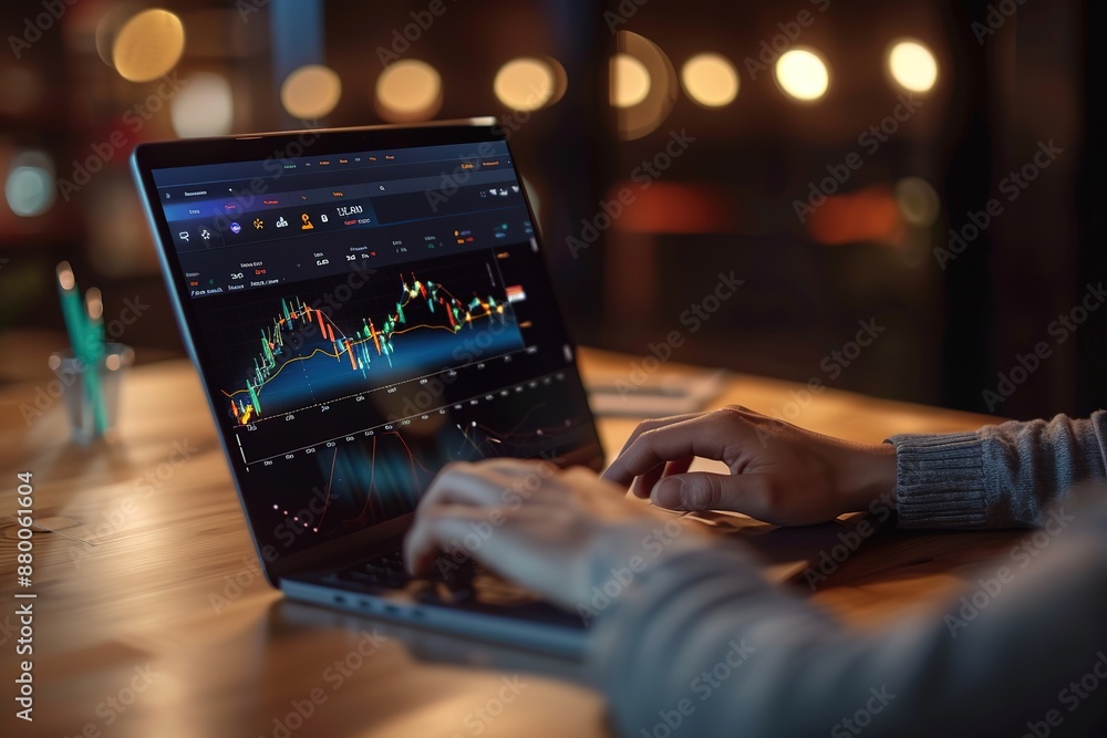 Poster a business professional is using an advanced laptop to create animations of stock market charts and 