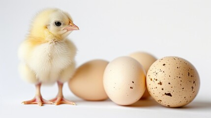 Newly hatched chick and eggs on white background Focus on chick space for text