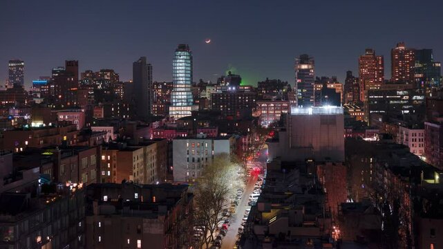 Crescent moonset over East Village, Manhattan