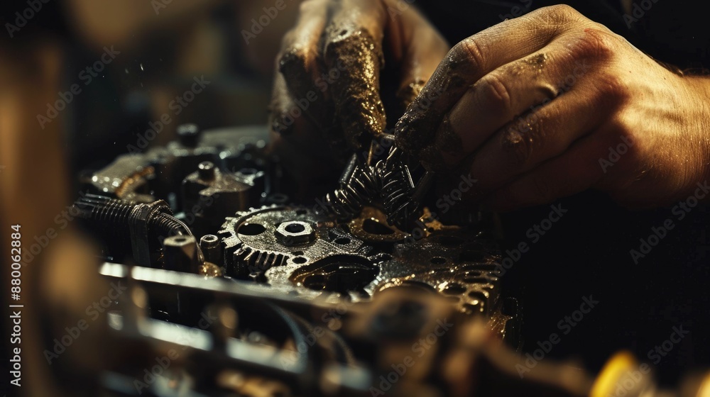 Poster close up of professional mechanic hand fixing and repairing machine while holding iron cog. attracti