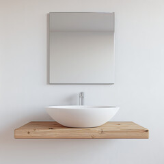 Interior of modern bathroom with white bathtub, round mirror and white towel on wooden shelf