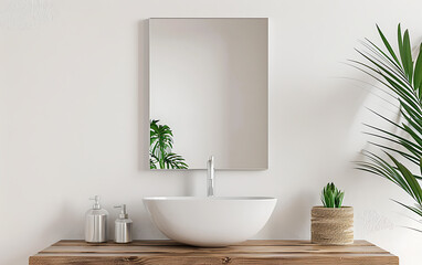 Interior of modern bathroom with white bathtub, round mirror and white towel on wooden shelf