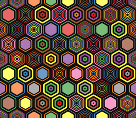 Minimal geometric background. Geometric elements of varied style and color. Hexagonal cells. Tileable pattern. Seamless background. Modern vector illustration.