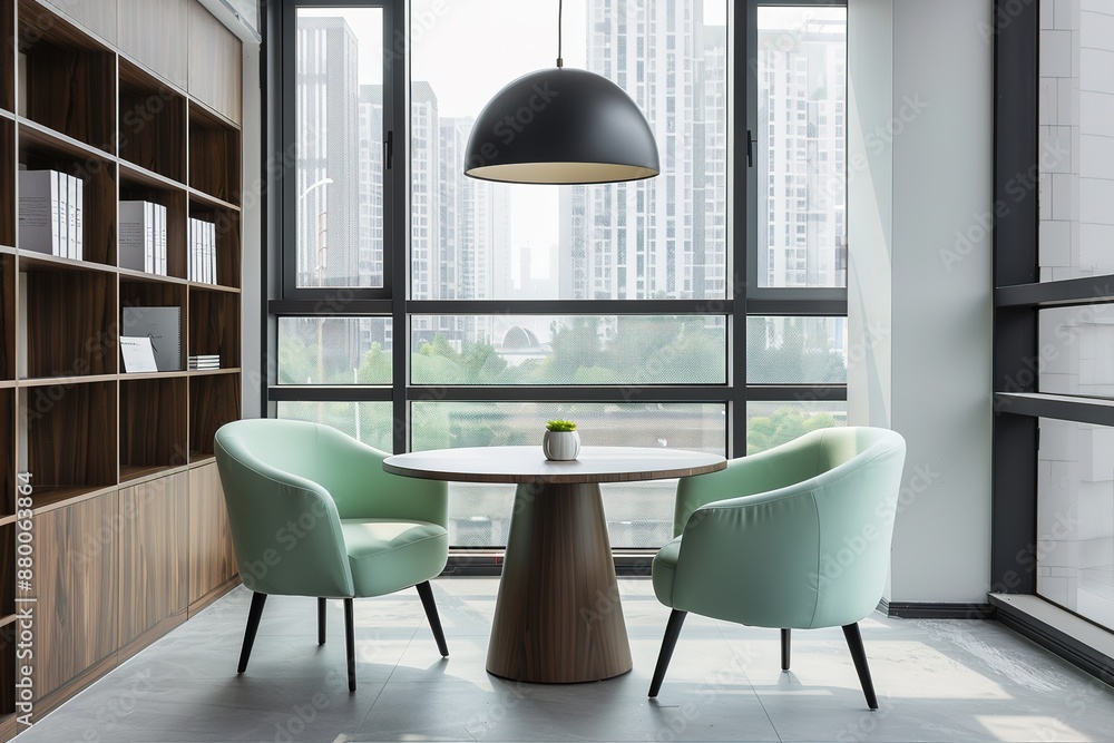 Wall mural a white meeting room with glass walls, two mint green chairs and one round table in the center