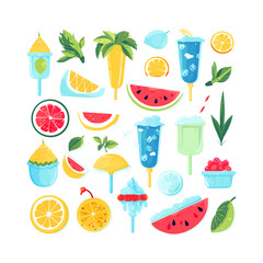 Flat style ice and summer elements set cartoon illustration,white background, bright colors